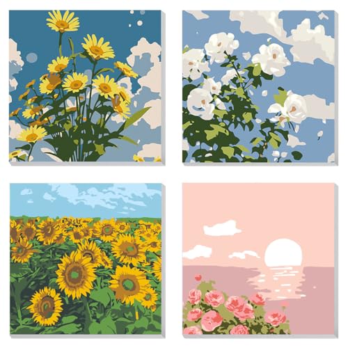 HASTHIP® Pack of 4 DIY Oil Painting Paint by Numbers with Frame Sunflower Rose Oil Art Painting Wall Hanging DIY Canvas Painting with Painting Tool Kit Wall Decoration, 7.8x7.8inch HASTHIP® Pack of 4 DIY Oil Painting Paint by Numbers with Frame Sunflower Rose Oil Art Painting Wall Hanging DIY Canvas Painting with Painting Tool Kit Wall Decoration, 7.8x7.8inch
